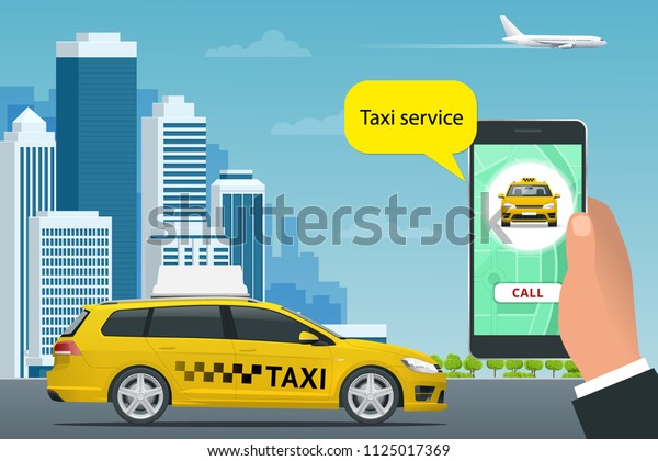 Online Taxi-service concept. Man orders a taxi
from his cell phone. Taxi service application on screen. Vector
business card template.