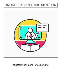 Online teacher color icon. Webinar website or application.Web tutor.Online education,schooling, teaching,training courses and seminars. Isolated vector illustration