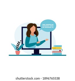 An online teacher conducts a webinar. The concept of online learning. The digital classroom to the webinar. Vector illustration in flat style.