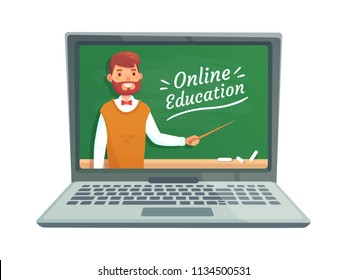 Online teacher education. Professor teach at school blackboard on laptop screen computer virtualization internet seminar. Remote learning study webinar training vector illustration