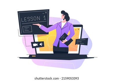 Online teacher or e-learning and distance learning vector illustration. Online education, home schooling flat style concept