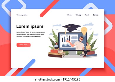 Online teacher explaining graphs on monitor. Students with laptops and books watching webinar. Vector illustration for internet education, training, elearning concept