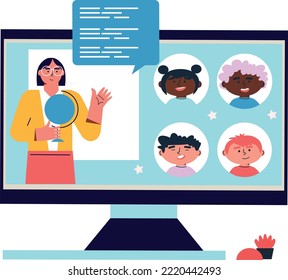  Online teacher inside of computer, virtual modern video classroom e-learning, conference. Cartoon vector illustration in flat style. Concept for web, graphic design, Landing page template.