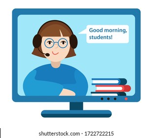 Online teacher on computer monitor. Flat cartoon colorful vector illustration.