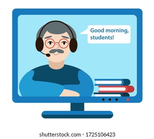 Online teacher on computer monitor. Flat cartoon colorful vector illustration.