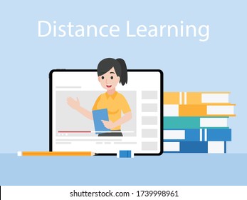 Online Teacher on Tablet monitor teaching education lesson with video tutorial on video blog social media webinar training, Distance Learning Television concept.