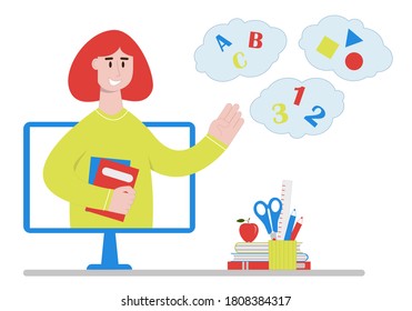 Online teacher of primary elementary school on computer monitor with letters, numbers, shapes. Distance education, remote lessons and homeschooling concept. Vector illustration in flat style