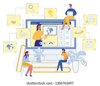Online Teacher Professional. Students with Laptops. Learning through Internet. Home Learning. Online School. College Subjects. Modern Education. Young People Career. Workplace Concept. Vector EPS 10.