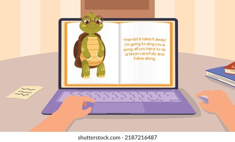 Online teacher. Smart turtle professor on laptop screen sings educational song about words and letters of alphabet. Language learning for children and preschoolers. Cartoon flat vector illustration