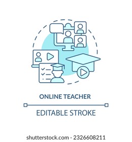 Online teacher turquoise concept icon. Virtual classroom. Distance education. Remote work. Freelance worker. E learning abstract idea thin line illustration. Isolated outline drawing. Editable stroke