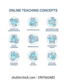 Online teaching concept icons set. Interactive course content. Online learning textbooks and materials idea thin line RGB color illustrations. Vector isolated outline drawings. Editable stroke