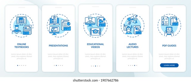 Online teaching digital resources onboarding mobile app page screen with concepts. Presentations walkthrough 5 steps graphic instructions. UI vector template with RGB color illustrations