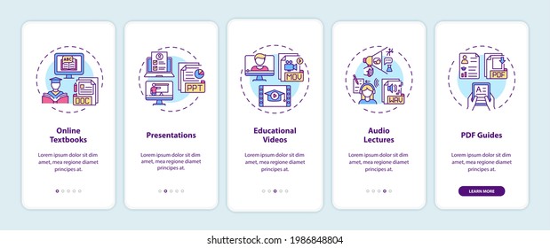 Online teaching digital resources onboarding mobile app page screen with concepts. Online textbooks walkthrough 5 steps graphic instructions. UI vector template with RGB color illustrations