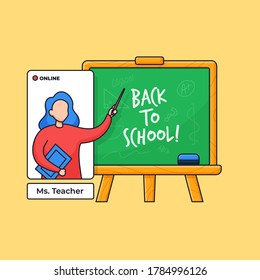 online teaching from digital screen vector illustration. female teacher presenting the lesson use chalkboard for modern school concept design outline cartoon style