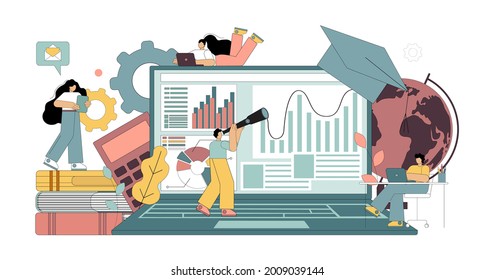 Online teaching. Distance education. E-learning concept. Flat people study remotely using the Internet and other modern gadgets. Vector isolated illustration on a white background in pastel colors.