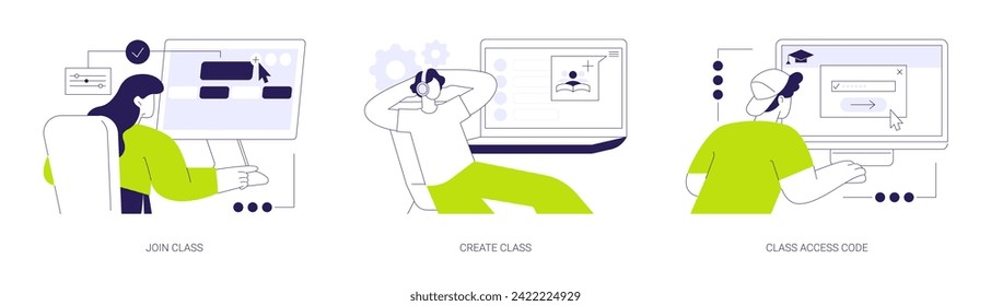 Online teaching features abstract concept vector illustration set. Join virtual classroom, create class, teaching software interface, online class access code, distance training abstract metaphor.