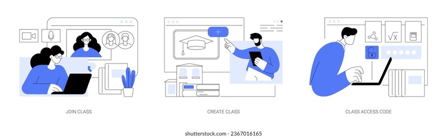 Online teaching features isolated cartoon vector illustrations set. Join virtual classroom, create class, teaching software interface, online class access code, distance training vector cartoon.