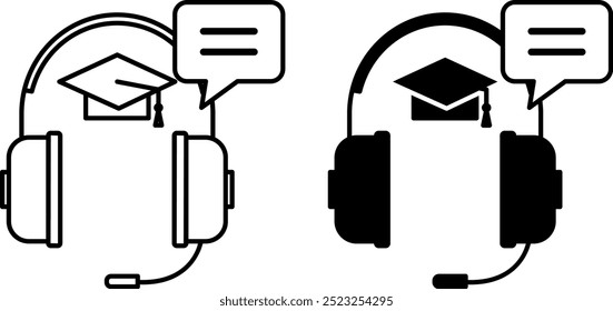Online Teaching Icons. Black and White Vector Icons. Headphones with Microphone and Graduation Cap. Distance Learning, Online Courses. Online Education Concept