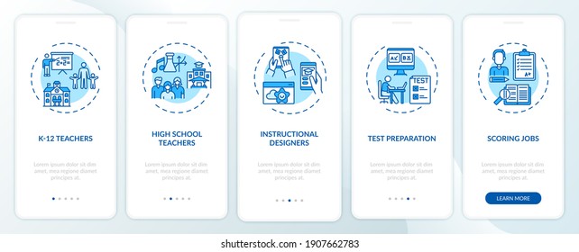 Online teaching jobs types onboarding mobile app page screen with concepts. High school teachers walkthrough 5 steps graphic instructions. UI vector template with RGB color illustrations