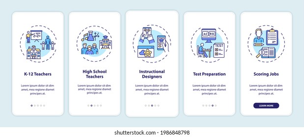 Online teaching jobs types onboarding mobile app page screen with concepts. K 12 teachers at school walkthrough 5 steps graphic instructions. UI vector template with RGB color illustrations svg