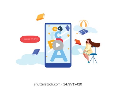 Online teaching. Language teacher at her class. E learning concept. Vector illustration. 
