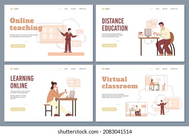 Online teaching and learning web banners bundle with students and teacher in virtual classrooms, flat cartoon vector illustration. Online education webpages collection.