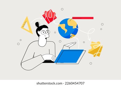 Online teaching line concept with people scene in the flat cartoon design. Teacher is preparing to conduct an online lesson. Vector illustration.