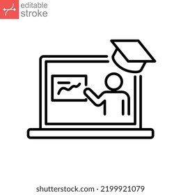 online teaching line icon. Online tutor Presentation screen. virtual education or distance training, webinar conference meeting. Editable stroke Vector illustration. Design on white background. EPS 10