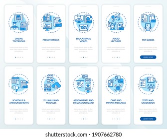 Online teaching onboarding mobile app page screen with concepts set. Online teaching tips walkthrough 10 steps graphic instructions. UI vector template with RGB color illustrations