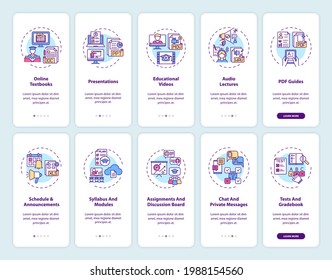 Online teaching onboarding mobile app page screen with concepts set. Online teaching digital resources walkthrough 10 steps graphic instructions. UI vector template with RGB color illustrations