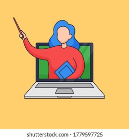 online teaching simple vector illustration. teacher present the lesson character out of the laptop screen for modern school concept design outline cartoon style