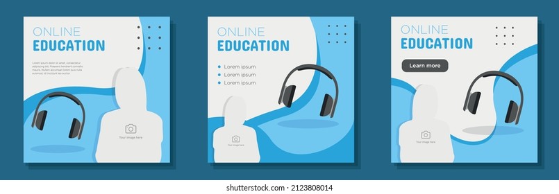 Online teaching social media post, square banner set, digital education advertisement concept, webinar headset marketing ad, modern creative flyer, isolated on background.