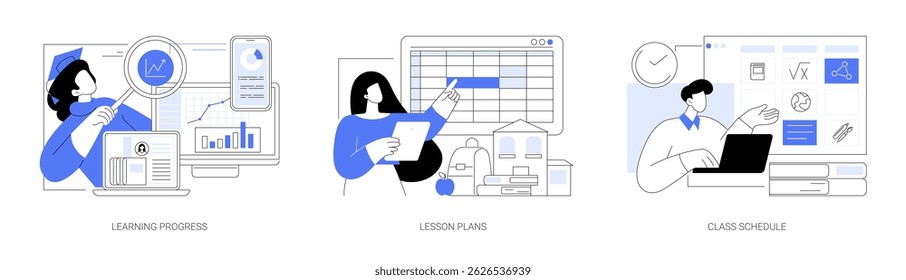 Online teaching software isolated cartoon vector illustrations set. Learning progress dashboard, creating lesson plan, class schedule on the screen, digital classroom, remote studies vector cartoon.