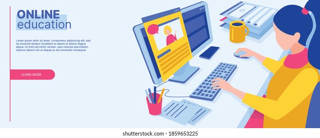 Online teaching of students at home. The character sits at the table, looks at the computer monitor and learns. Online education concept. Flat isometric vector illustration.
