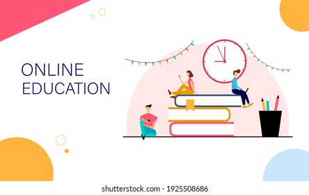 Online teaching of students at home. Characters reading books online. Remote training. Landing page template. Vector flat style illustration.