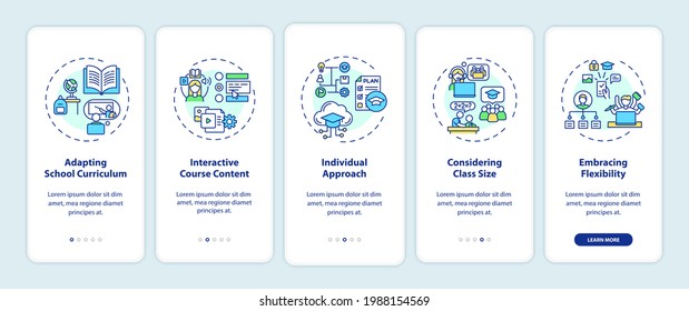 Online teaching tips onboarding mobile app page screen with concepts. Adapting school curriculum walkthrough 5 steps graphic instructions. UI vector template with RGB color illustrations