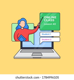 online teaching vector illustration. female teacher presenting the lesson from laptop screen for modern school concept design. outline flat cartoon style