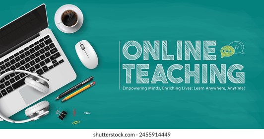 Online teaching vector template design. Back to school online teaching text with laptop computer e learning device in green board background. Vector illustration online teaching design. 
