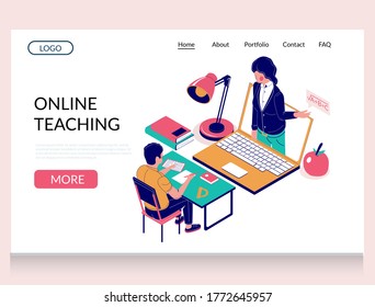 Online teaching vector website template, landing page design for website and mobile site development. Distance education, home schooling, remote teaching.