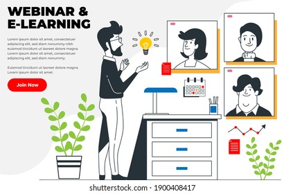 Online teaching or Webinar-A man teaching for students-simple and cool cartoon character design concept-red-black-orange-yellow-creative bulb-social media post-flyer