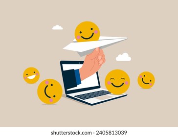Online team communication, online colleague chatting. Paper plane with smiling face symbol inside. Concept of wishing good mood, positive feedback and user experience. Flat vector illustration.
