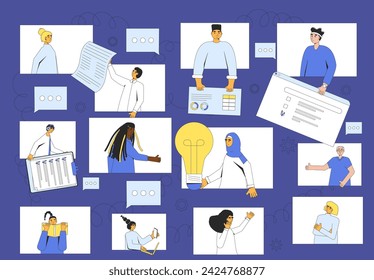 Online team communication. Distant remote office. People talking to each other on the Internet and brainstorming together. Vector flat illustration.