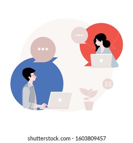 Online Team Communication, A modern vector illustration of a man and woman working on laptops, connected through speech bubbles, representing remote collaboration and digital workplace communication.