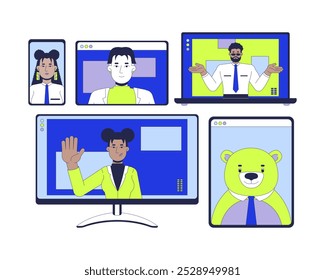 Online team meeting diversity 2D illustration concept. Virtual colleagues telework cartoon characters isolated on white. Remote workers videoconference business metaphor abstract flat vector graphic