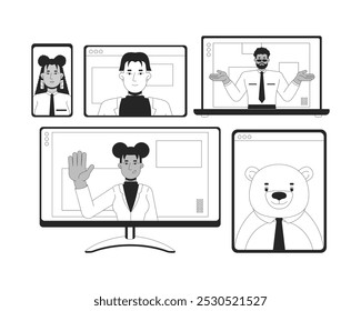 Equipe on-line encontrando diversidade preto e branco conceito de ilustração 2D. Colegas virtuais teletrabalho esboçam caracteres isolados. Trabalhadores remotos videoconferência business metáfora monocromática vetorial art