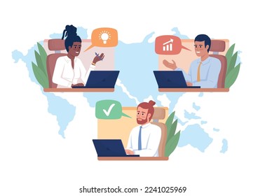 Equipo en línea que reúne la ilustración vectorial de concepto plano. Trabajo remoto. Personajes editables de dibujos animados 2D sobre blanco para el diseño web. Internet comunicación idea creativa para sitio web, móvil, presentación