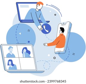 Online team vector illustration. The online community thrived through active participation and engagement The remote meeting fostered sense connection and camaraderie The online team utilized digital