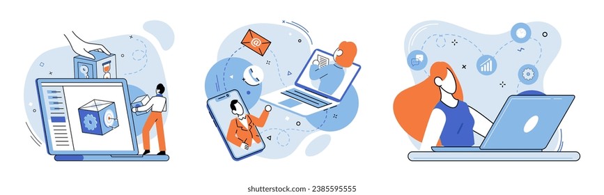 Online team vector illustration. The online team concept emphasized power virtual cooperation The virtual conference facilitated knowledge sharing and industry insights The internet connected