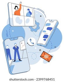 Ilustración vectorial de equipo en línea. Las plataformas digitales revolucionaron la comunicación y la colaboración del negocio La reunión remota del equipo permitió debates y una lluvia de ideas eficientes El equipo en línea