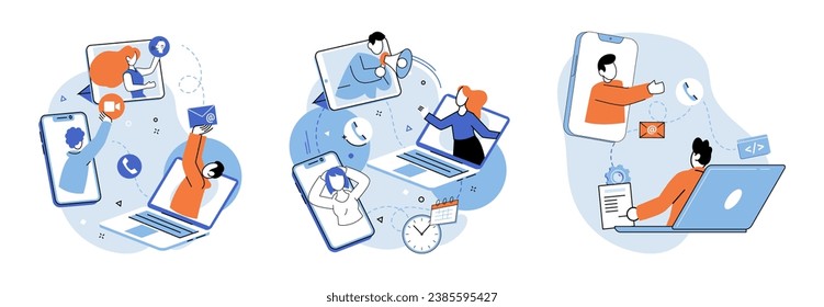 Ilustración vectorial de equipo en línea. Personas conectadas a internet y fomentó a profesionales de redes globales La reunión remota permitió la toma de decisiones efectiva y la resolución de problemas en línea